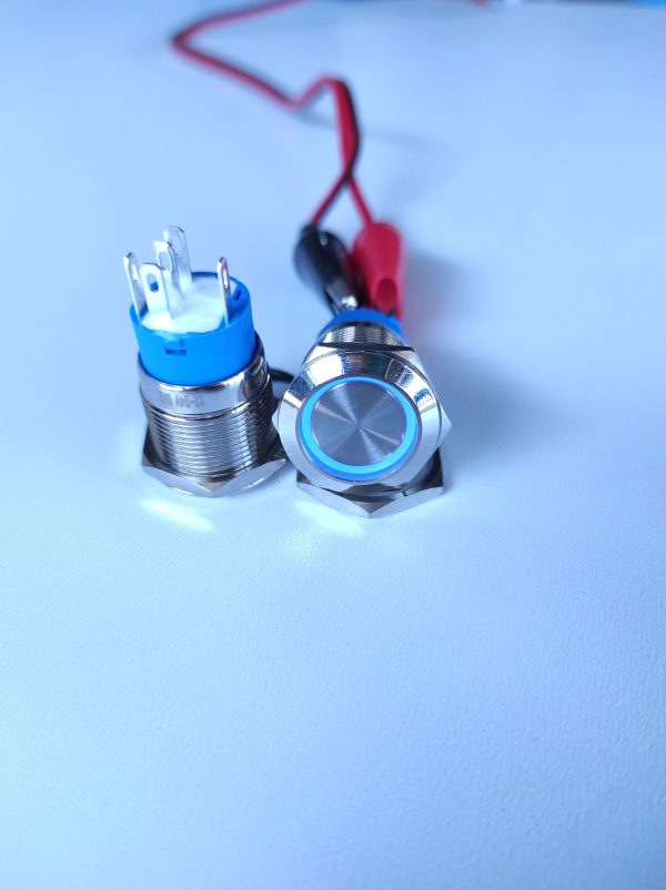 Кнопка anti-vandal LAS3-19F-W11EL, с фиксацией, IP65, LED 12V, 5А, 5pin., Синяя.